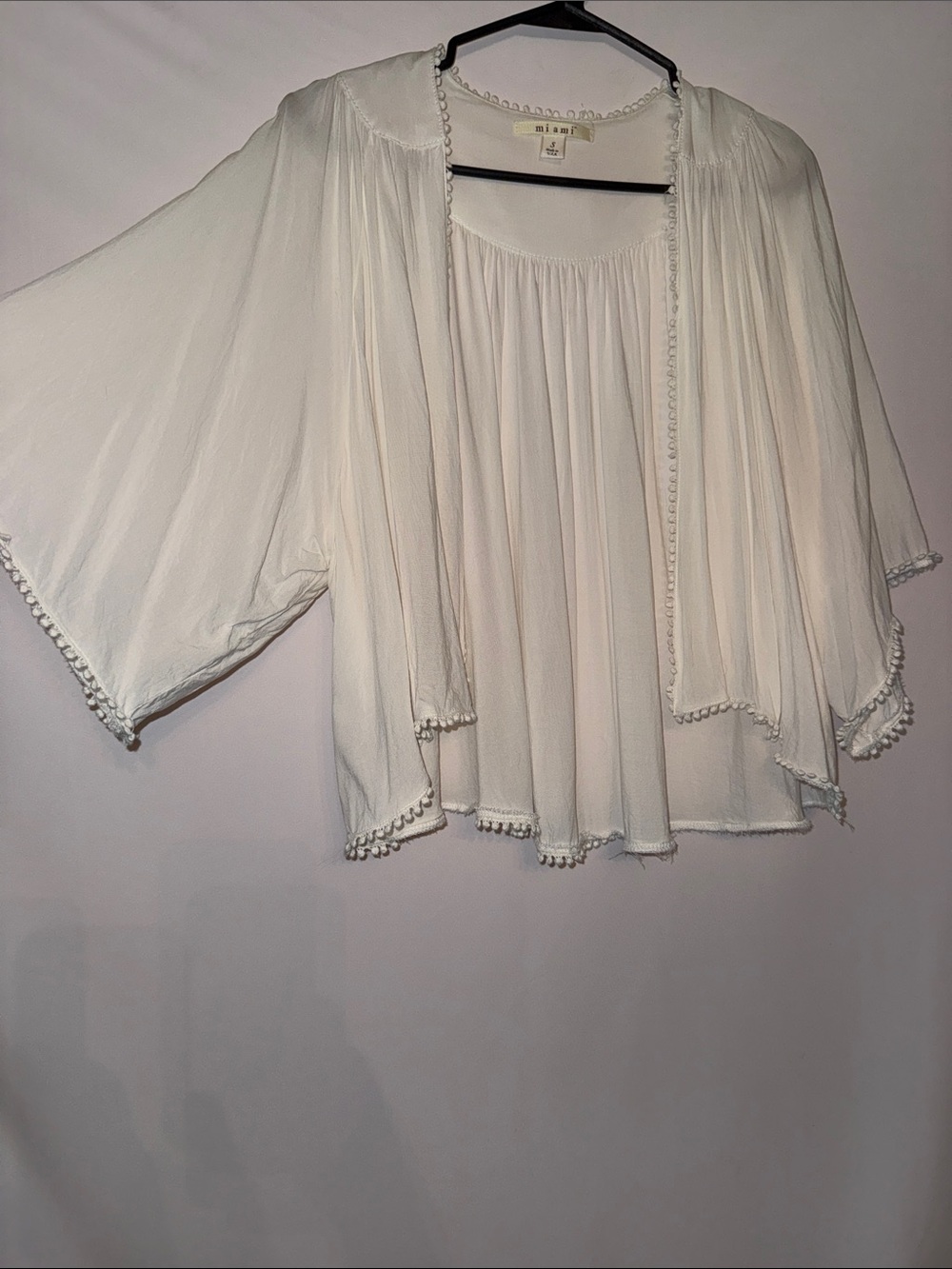 miami Cream Peasant Blouse with Pom Trim
